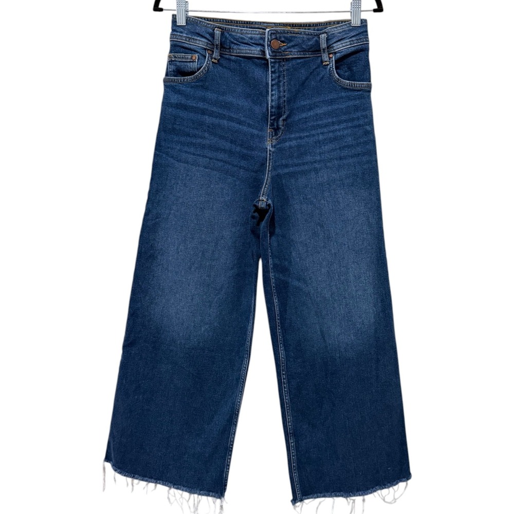 Boden High Waist Wide Leg Cropped Jeans Size 8R Blue Dark Wash Denim Frayed Hem